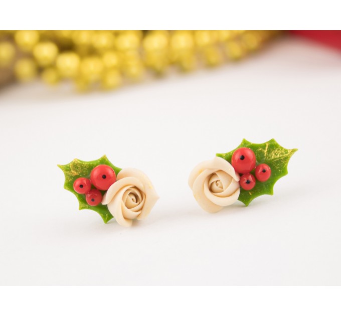 Cute Xmas earrings Tiny beige rose and Holly berry Christmas gift idea Holiday party jewelry