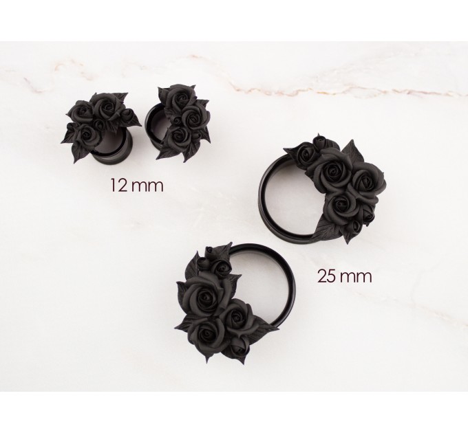 Gothic wedding gauges earrings for stretched ears Black rose bridal ear plugs Flower tunnels Handmade