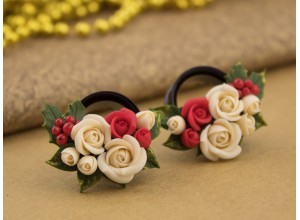 Xmas ear tunnels with beige red roses 12 – 25mm