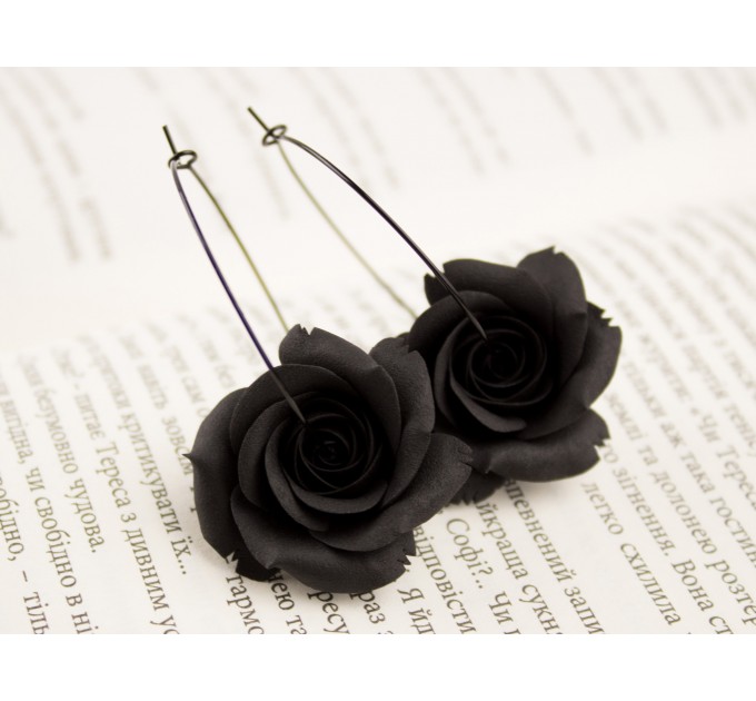 Black rose hoop hangers for tunnel earrings Gothic jewelry for stretched ears Witch gift idea Flower plugs and gauges