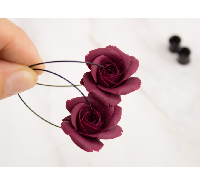 Deep wine red burgundy rose hoop earrings Flower hangers for tunnels Elegant jewelry for stretched ears Handmade