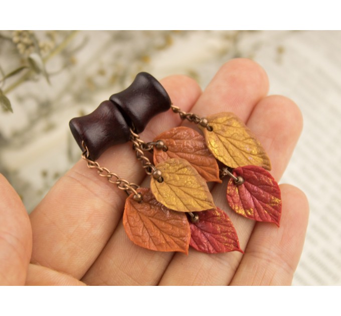 Fall leaves tunnel earrings Chain hangers for gauges Vivid autumn jewelry for stretched ears Bright wooden plugs