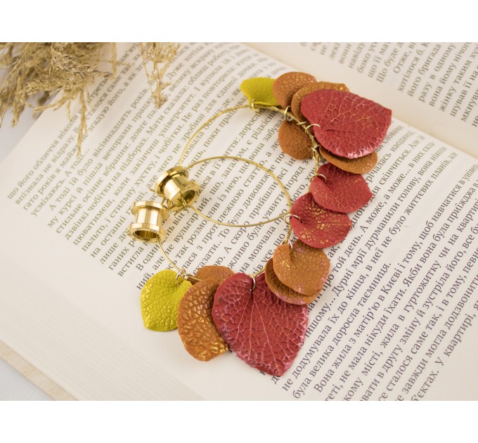 Golden screw back tunnel earrings for stretched ears with orange yellow red fall leaves Hoop hangers Handmade