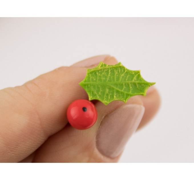 Cute Christmas stud earrings with tiny holly berry and leaf Mismatched Asymmetrical Xmas gift idea 