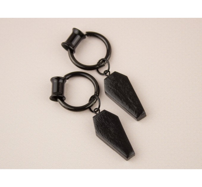 Gothic jewelry for gauged earlobes Black coffin charm tunnel earrings Hoop hangers Witchcraft Pagan