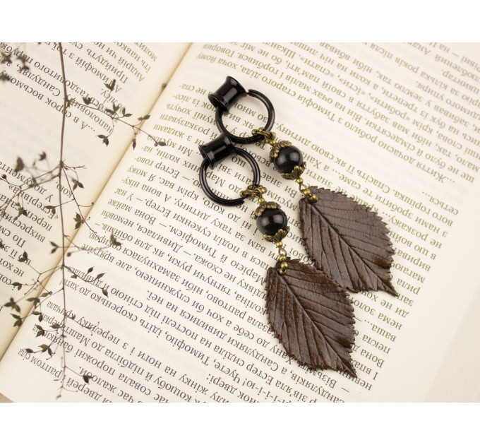 Long ear plugs with dark brown realistic leaf Unique woodland jewelry for stretched ears Hoop hangers for tunnel earrings 