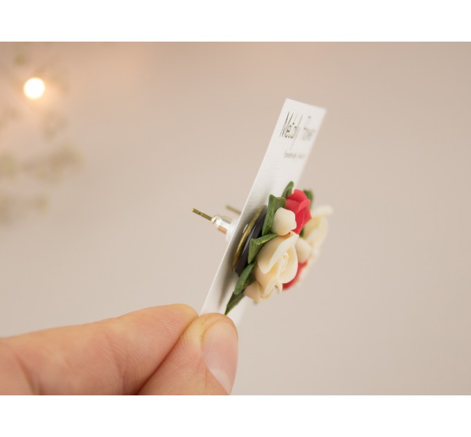 X-mas stud earring with festive bouquet Christmas flowers jewelry Cute gift idea for girlfriend wife sister daughter