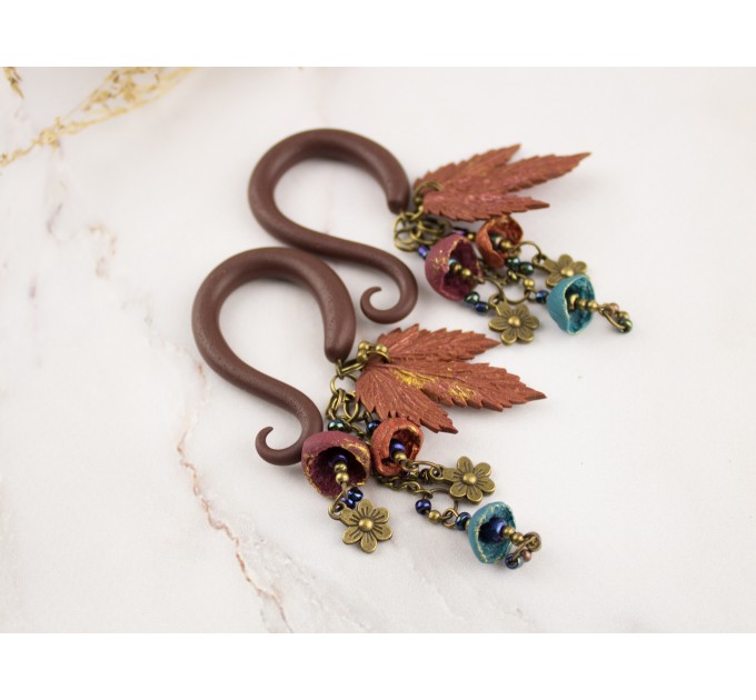 Dangle gauge earrings with copper metallic charms maple leaves burgundy teal beads Stretched ears unique jewelry