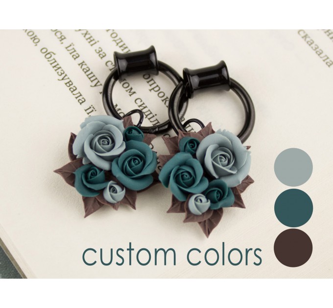 Custom color Teal brown floral ear hangers for tunnels Dangle plug earrings Unique wedding jewelry for stretcher earlobes Handmade gauges