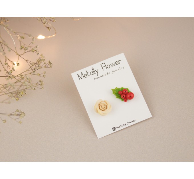 Tiny stud earrings Beige peach rose red green holly berry Holiday festive minimalist jewelry Unique Xmas gift Handmade