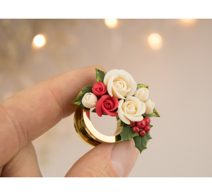 Cute Christmas plug earrings Beige rose red flower golden screw back tunnels Holly berry Holiday gift