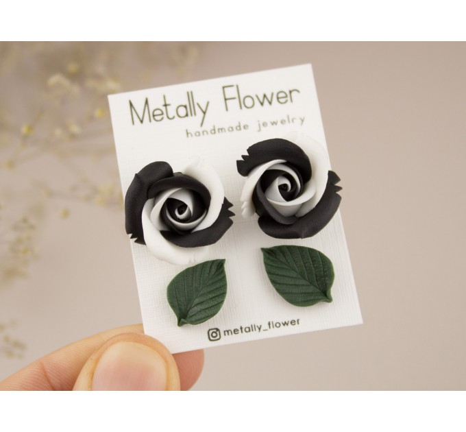 Minimalist stud earrings with Black white rose flower and Dark green leaf Tiny Cute posts 