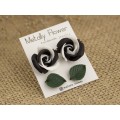 Minimalist stud earrings with Black white rose flower and Dark green leaf Tiny Cute posts 