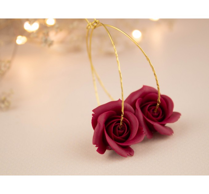 Golden hoop earrings with wine red burgundy rose flower Unique gift for wife Christmas present Bridesmaid jewelry
