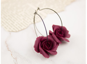 Burgundy rose hoop earrings