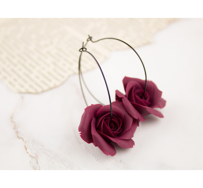 Red wine burgundy rose hoop dangle earrings Handmade jewelry Unique gift idea Floral 