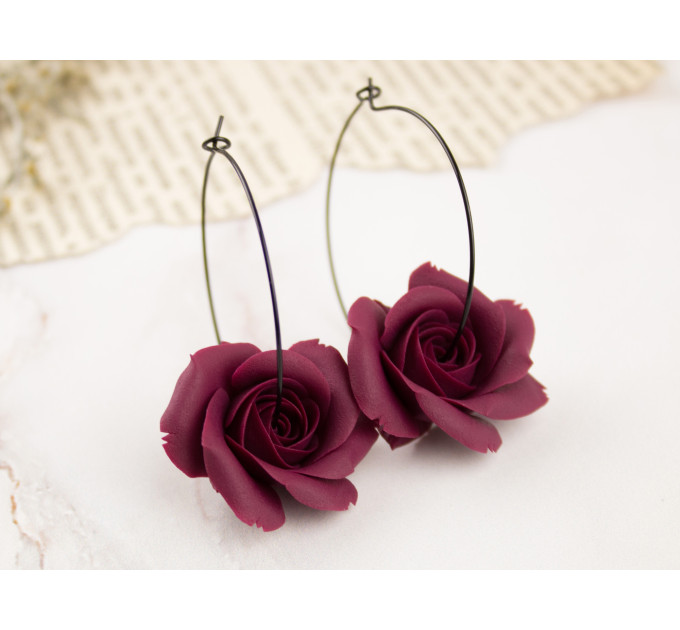Red wine burgundy rose hoop dangle earrings Handmade jewelry Unique gift idea Floral 