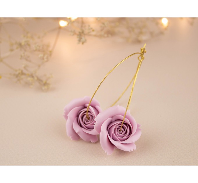 Wedding golden hoop earrings with blush pastel dusty pink rose flower Dangle bridal hoops Handmade jewelry 