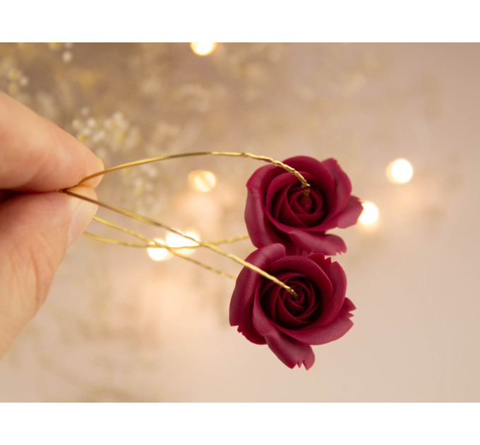 Burgundy deep red wine rose flower earrings for stretched earlobes Golden screw back tunnels Hoop hangers Christmas gift
