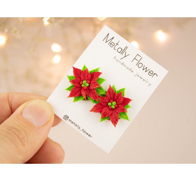 Christmas flower stud earrings Red green Xmas star jewelry Holiday party outfit Cute gift for girlfriend
