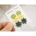 Cute stud earrings set of 3 Lemon slice Teal tiny succulent green circle Teenager gift Bright jewelry