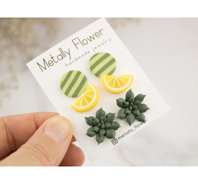 Cute stud earrings set of 3 Lemon slice Teal tiny succulent green circle Teenager gift Bright jewelry