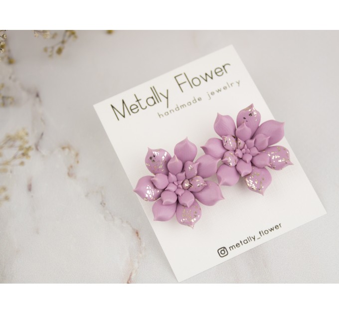 Dusty pale pink succulent stud earrings with golden sparkles Bridal jewelry Tropical flower Handmade