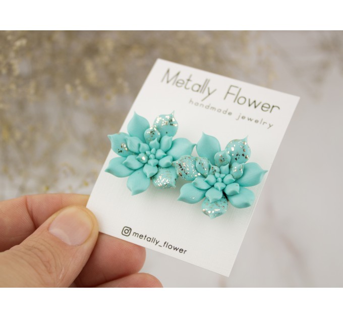 Shimmering gold turquoise blue succulent earrings Tropical flower studs Unique bridal jewelry Wedding Bridesmaids Birthday gift idea