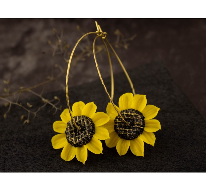 Sunflower golden hoop hangers for tunnels Screw back Handmade jewelry for stretched earlobes Flower plugs and gauges Xmas gift idea 