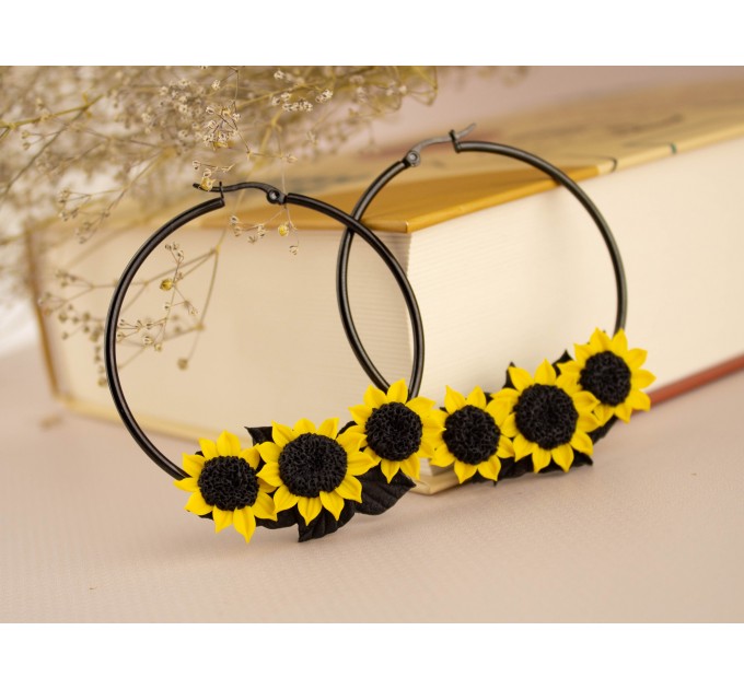 Yellow sunflower hoop earrings for stretched earlobes Summer birthday gift idea Flower plugs and gauges Rustic Country