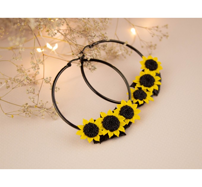 Yellow sunflower hoop earrings for stretched earlobes Summer birthday gift idea Flower plugs and gauges Rustic Country