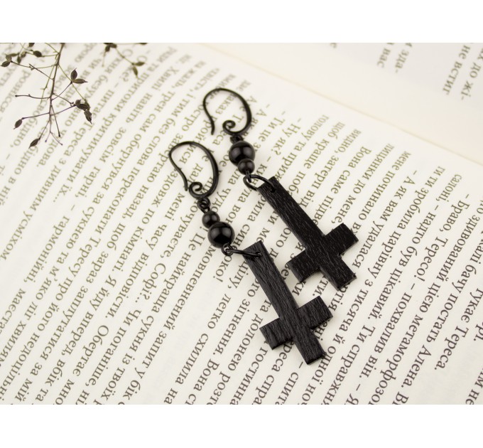 Gothic dangle earrings with black inverted cross charms and beads Alternative Dark fashion Halloween jewelry Witchcraft Wiccan Satanic