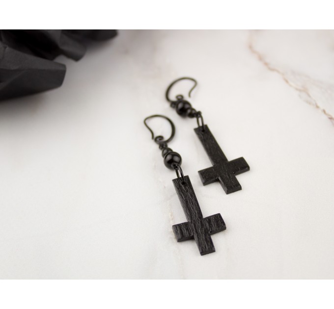 Gothic dangle earrings with black inverted cross charms and beads Alternative Dark fashion Halloween jewelry Witchcraft Wiccan Satanic