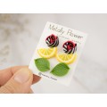 Bright stud earrings set of 3 with Red black white modern roses Green leaves Lemon slices Cute jewelry for teenager 