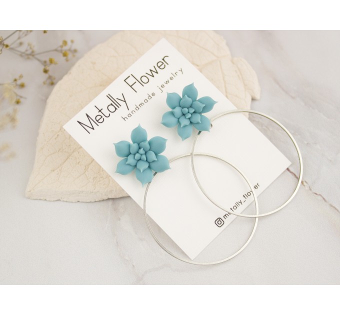 Pale blue succulent studs Silver hoop earrings Tropical jewelry Handmade gift for bridesmaids