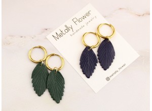 Golden hoop earrings green leaf