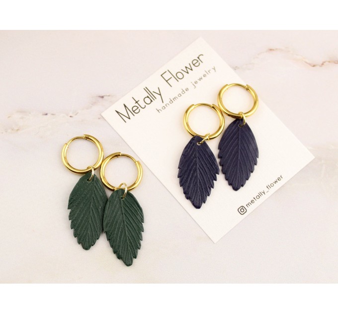 Custom color simple earrings Golden hoops Navy blue leaves Birthday gift idea Handcrafted jewelry
