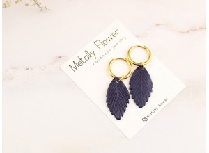 Golden hoop earrings navy blue leaves