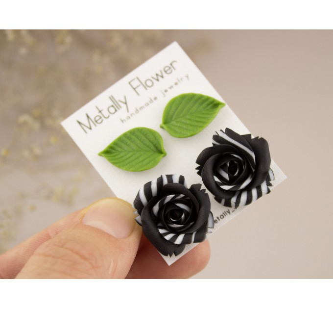 Handmade stud earrings set of 2 with tiny green leaves and elegant black white rose Cute Xmas gift Minimalist