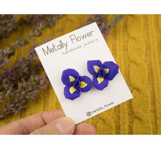 Purple yellow realistic iris flower stud earrings Botanical jewelry Spring wedding Cute gift for nature lover