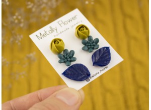 Set of 3 studs teal succulent yellow rose navy blue leaf