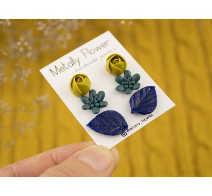 Tiny stud earrings set Dusty yellow rose flower Navy royal blue leaf Teal succulent Minimalist jewelry Handmade
