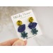 Tiny stud earrings set Dusty yellow rose flower Navy royal blue leaf Teal succulent Minimalist jewelry Handmade