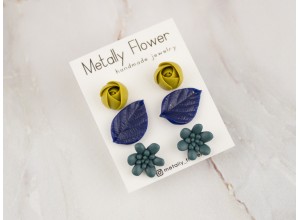 Set of 3 studs teal succulent yellow rose navy blue leaf