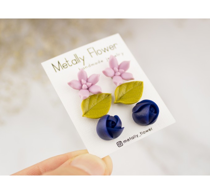 Cute stud earrings set with tiny pale pink succulent navy blue rose buds dusty yellow leaf Funny jewelry gift for girl teenager