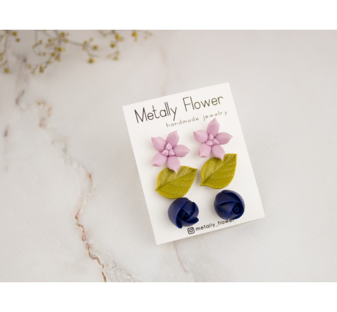 Cute stud earrings set with tiny pale pink succulent navy blue rose buds dusty yellow leaf Funny jewelry gift for girl teenager