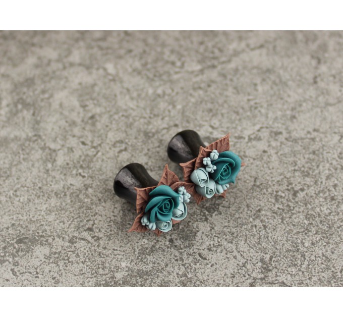 Teal wedding jewelry for stretched ears Custom colors Bridal ear plugs Bridesmaid tunnels Rose gauges Floral Handmade