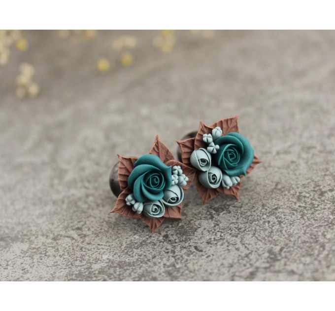 Teal wedding jewelry for stretched ears Custom colors Bridal ear plugs Bridesmaid tunnels Rose gauges Floral Handmade