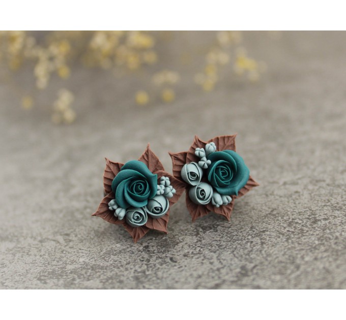 Teal wedding jewelry for stretched ears Custom colors Bridal ear plugs Bridesmaid tunnels Rose gauges Floral Handmade