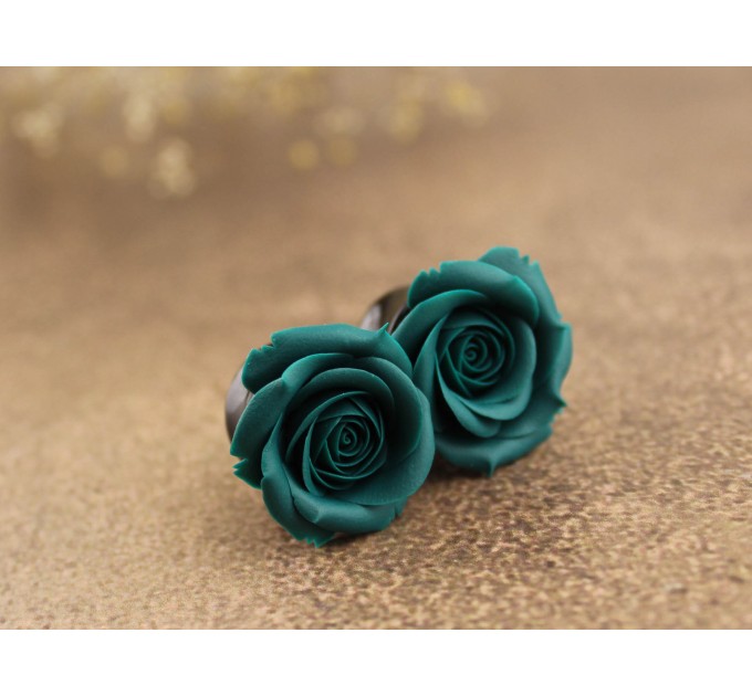 Teal earrings for stretched ears Rose flower gauges Floral tunnels Custom color scheme Wedding jewelry Handmade